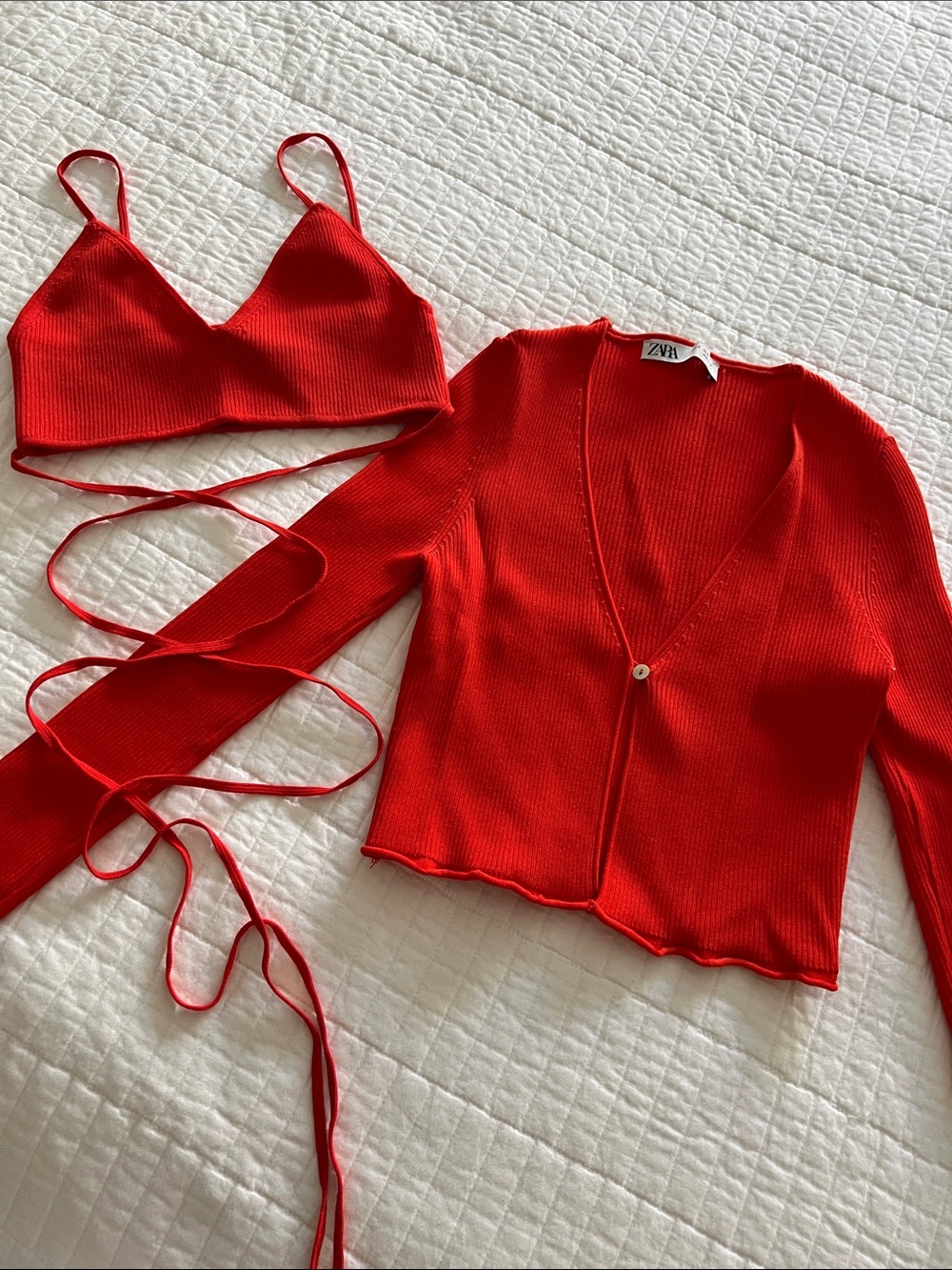 Zara Vibrant Red Ribbed Cardigan with Wrap Bralette